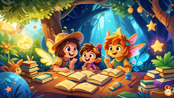 Create an enchanting and whimsical illustration for a YouTube channel named Magic Minute Stories focused on short stories for kids. The artwork should feature magical elements like fairies, books, stars, and other imaginative elements that evoke wonder and...