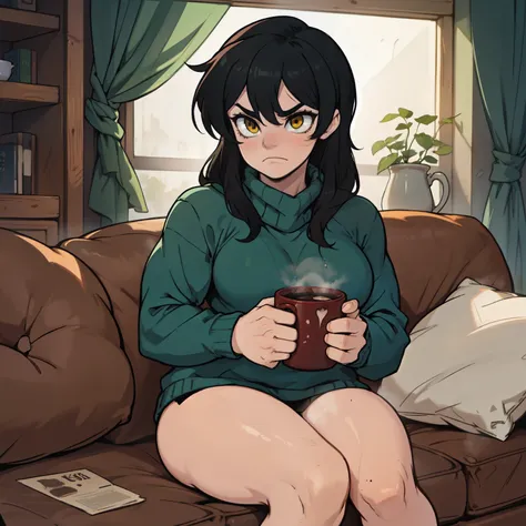 girl muscular girl breasts breasts breasts pale skin black hair yellow eyes thick thick thick baggy sweater sad sad frown mug of hot cocoa cozy on the couch