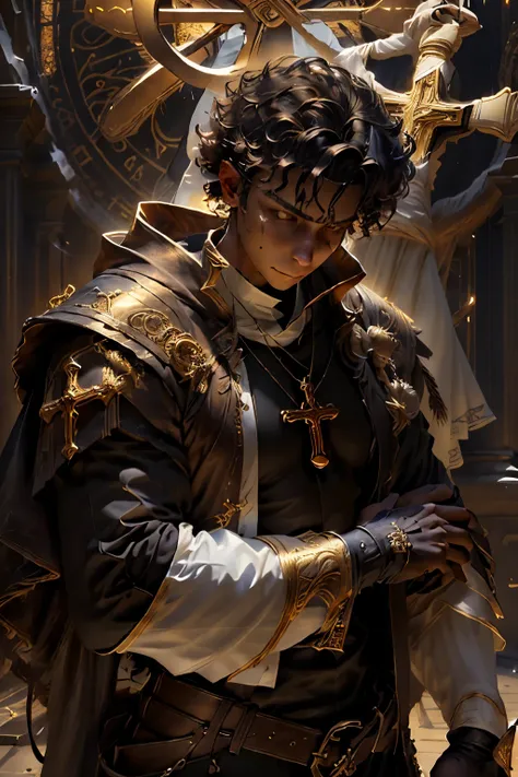 a black dark skin, male, with brown burst fade curly hair, brown eyes, though looking, light domain cleric priest,with a golden ...