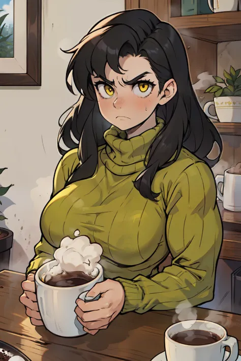 girl muscular girl breasts breasts breasts pale skin black hair yellow eyes thick thick thick baggy sweater sad sad frown mug of hot cocoa cozy at home