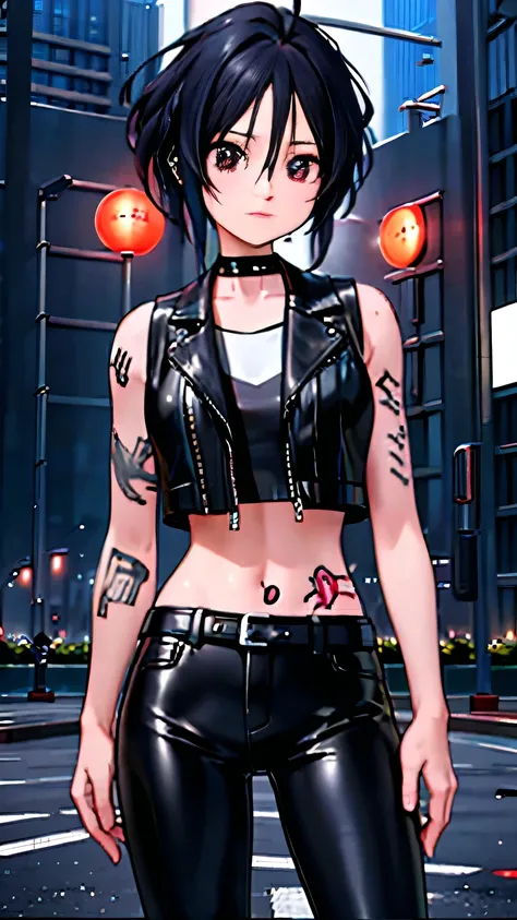 (highest quality),masterpiece,Super detailed,8K, UHD,Beautiful woman,japanese woman,No expression,whole body,((tattoo)),slim,black leather pants,black leather vest,(female mafia),gangster,(cyberpunk city),night,cinematic lightening,underworld