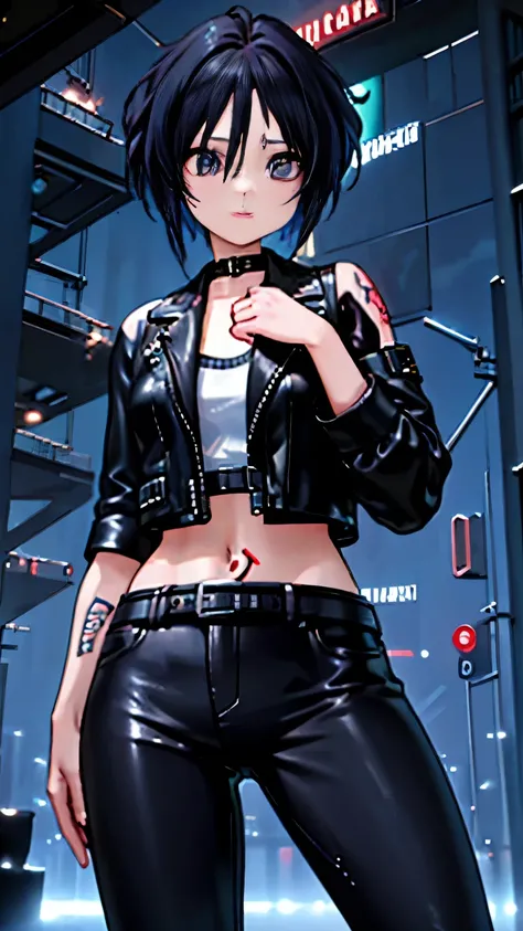(highest quality),masterpiece,Super detailed,8K, UHD,Beautiful woman,japanese woman,No expression,whole body,((tattoo)),slim,black leather pants,black leather vest,(female mafia),gangster,(cyberpunk city),night,cinematic lightening,underworld