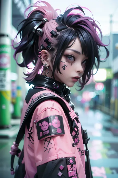 (highest quality、8k、32K、masterpiece、nffsw:1.3)、(Photoreal:1.4),(shoot from front,looking at viewer:1.5)、18-year-old punk girl,eccentric punk hair,((pink and black punk fashion:1.5)),clothes with studs、(1 holding a stuffed crazy bunny in his left hand.5)、bl...