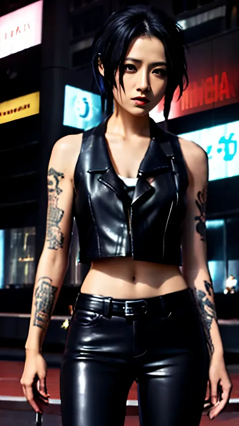 (highest quality),masterpiece,Super detailed,8K, UHD,Beautiful woman,japanese woman,No expression,whole body,((Tattoo on arm)),slim,black leather pants,black leather vest,(female mafia),gangster,(cyberpunk city),night,cinematic lightening,underworld
