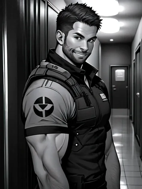 1 man, solo, 35 year old, pivaarts, wearing grey T shirt, smirks, black color on the shoulder and a bsaa logo on the shoulder, millitary tactical suit, tall and hunk, biceps, abs, chest, best quality, masterpiece, high resolution:1.2, upper body shot, dark...