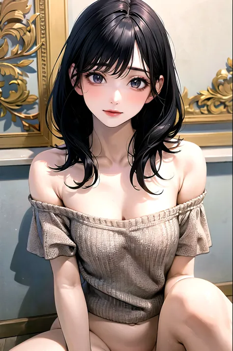 ((best quality)), ((masterpiece)), (detailed), 1girl. off-shoulder sweater. Bottomless. Black hair. Spread legs. Cleavage. Vagina. Small breast. Armpit.