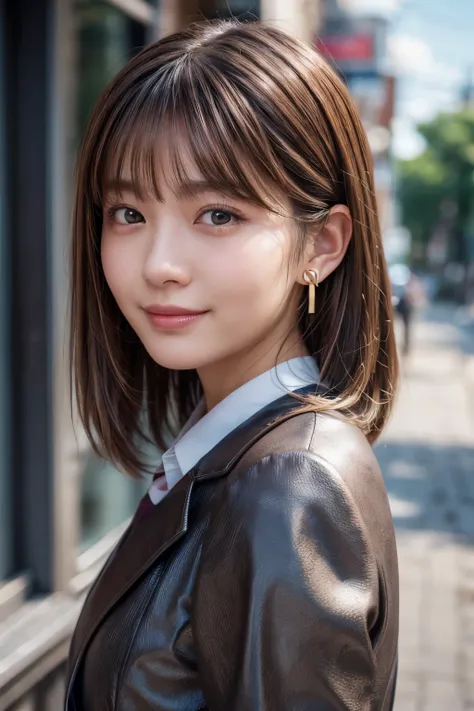 Upper Body、Beauty、Well-formed face、20-year-old、Uniform eyes、Small face、, light brown hair, hair over shoulder, parted bangs, straight hair, expressive hair, shiny hair, earrings, seductive smile, Surrealism, cinematic lighting, first-person view, pov, f/1....