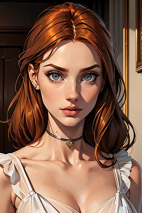 best qualityer, work of art, (realisitic: 1.2), 1 girl, slender girl, ginger hair, eyes browns, 3/4 view, face detailed, gorgeous eyes, eyes gray, eyes large, breasts small, choker, see through gown