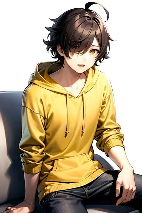 masterpiece, Highest quality, Super detailed, figure, One boy, Yellow Eyes, Hair hanging over one eye,Brown Hair,Perm,Ahoge,Wearing a yellow hoodie,White background