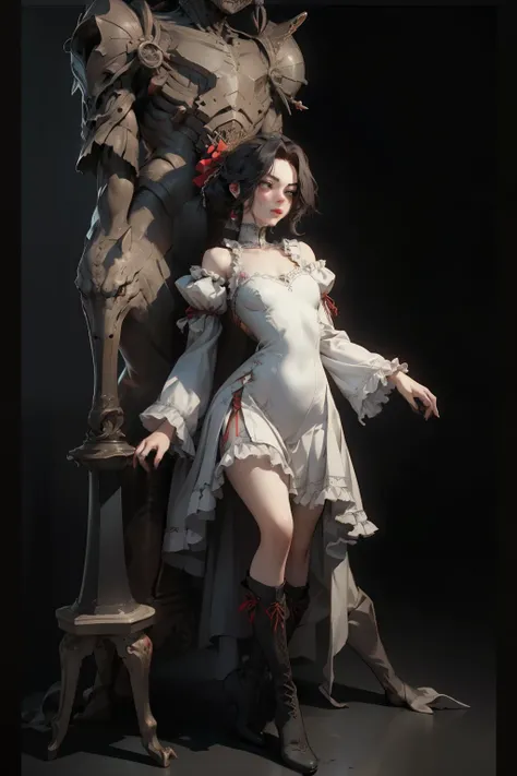  ((best quality)), ((masterpiece)), (detailed), very skinny, prominent collarbones, skinny arms, flat stomach, visible hip bones, red and white clothing, Bloodborne inspired, occult aesthetic, occult, detailed and intricate steampunk and detailed gothic, N...