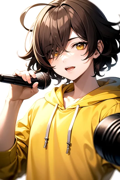 masterpiece, Highest quality, Super detailed, figure, 1 person,boy, Yellow Eyes, Hair hanging over one eye,Brown Hair,Perm,Ahoge,Short Hair,Wearing a plain yellow hoodie,Hold the microphone,White plain background,