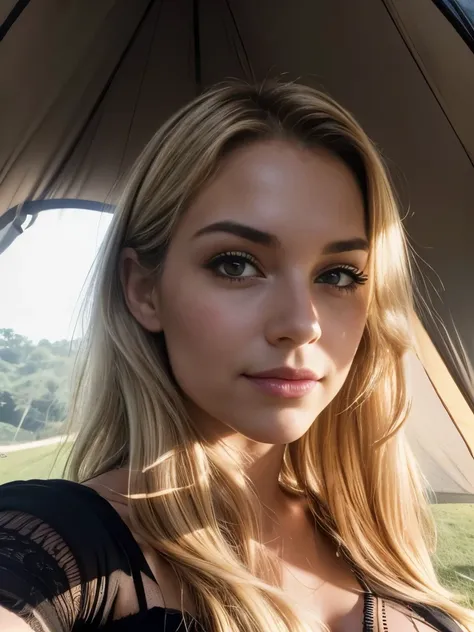 1 woman, age 23, American, beautiful, ((upper body selfie, happy)), Filming at the entrance of a tent. Showing exterior. Beautiful backlight,Masterpiece, Best Quality, Ultra-detailed, Solo, cheerful, happy, Cosy in a sleeping bag, ((open  tent, showing wil...