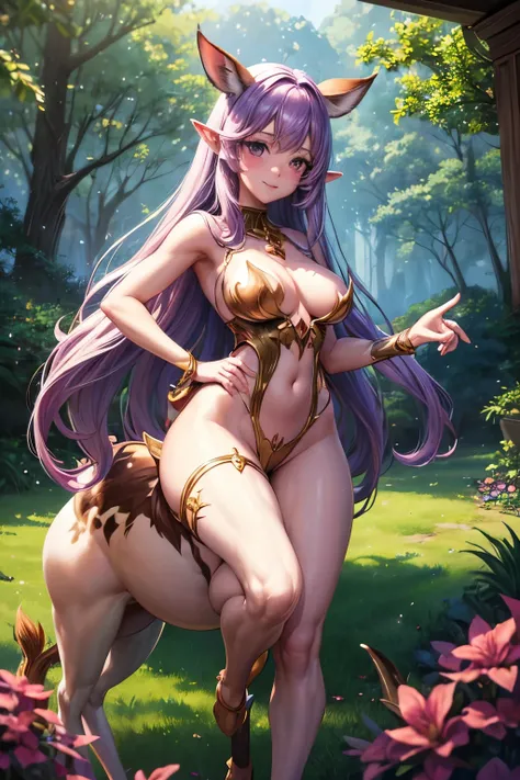 Ray tracing, best quality, masterpiece, high resolution, illustration, cartoon, (woman), (Lillia:1.2) (from league of legends), (deer centaur:1.2), (centaur body:1.2), (centaur lower body), long hair, (purple hair:1.1), forest, (long pointy ears), smile, (...