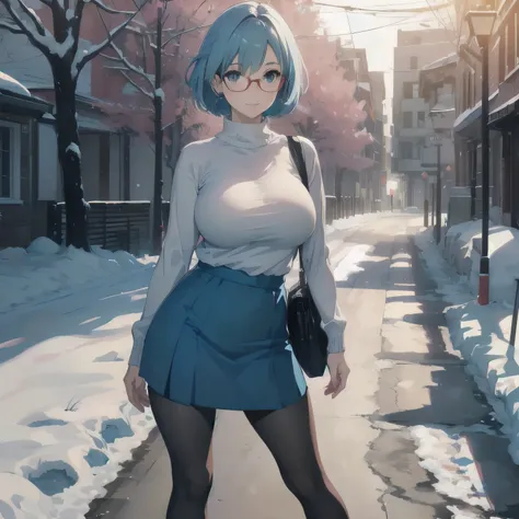 (masterpiece), 1girl, best quality, expressive eyes, perfect face, (huge breasts), short hair, blue eyes BREAK light blue hair BREAK side cut, red glasses BREAK ((mature woman, mature female)), (GILF), , , standing, snow, day sky, cloudy sky, snow trees, r...