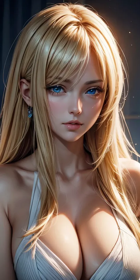 portrait, Practical, blue eyes, Blonde hair, Large Breasts, 4K resolution, High quality CG, Beautiful CG, Soft Light, 