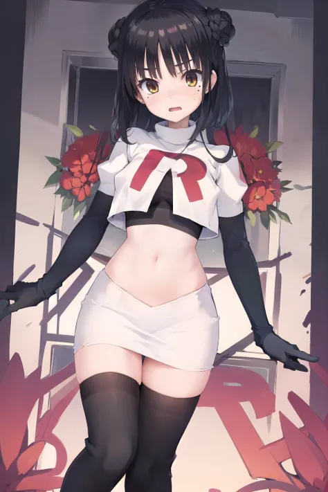 solo, Natsume, black hair, yellow eyes, double buns, mole under eye, hair flower, red flower, team rocket,team rocket uniform,white skirt,red letter R,crop top,black thigh-highs,black elbow gloves