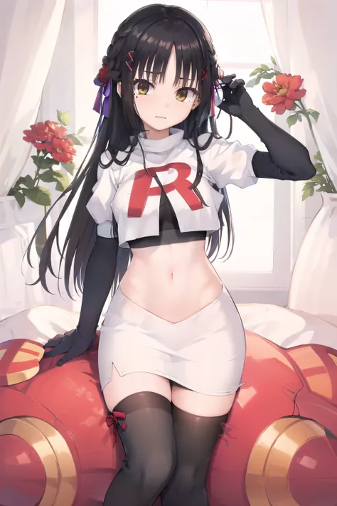 solo, natsume, black hair, yellow eyes, long hair, hairclip, hair ribbon, mole under eye, hair flower, red flower, team rocket,t...