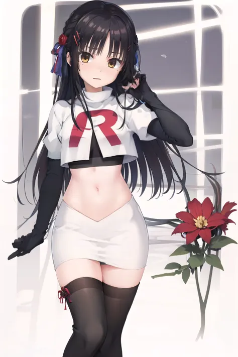 solo, natsume, black hair, yellow eyes, long hair, hairclip, hair ribbon, mole under eye, hair flower, red flower, team rocket,t...