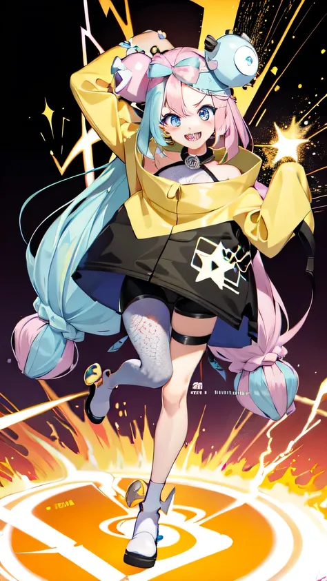 Highest quality、masterpiece、Anime Style、Pink hair and blue eyes、loose yellow jacket、Raise your right hand straight up、Lower your left hand、Stand with only your right foot、Lift your left leg。Sharp teeth、smile、Electrical Town Background、Purple to yellow grad...