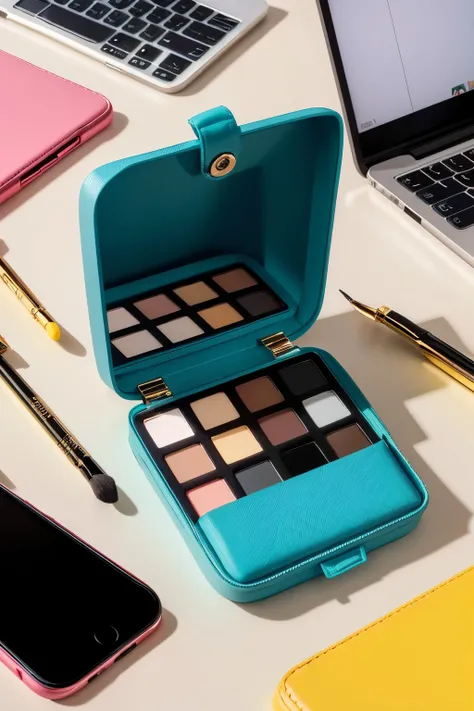 Create an image of a compact and modern makeup case, open on a table. The case must contain three lipstick compartments, base and shadow, each with primary colors (rot, cerulean, yellow). Next to the case, show a smartphone with an app open, displaying a c...