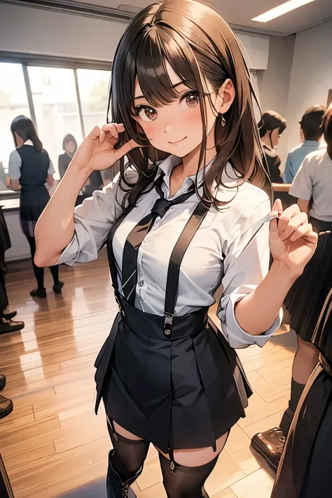 Brown Hair、Looking at the audience　　suspenders　　　bulging big breasts　　 　 　　　　Black mini skirt　garter belt　Knee-high socks　　　　　　sight　　　Small face　bangs 　　　　　beauty　　Show your hand　　 　sight 　Black boots 　Taunt　　Armpit sweat　One person 　　Put your hands behin...