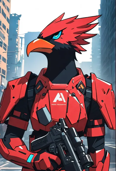 masterpiece, best quality, high res, solo, solo focus, scoundrel, male focus, half-falcon humanoid, (falcons head), there is a man in a red suit holding a gun, dl44blstr, jett from valorant, badass anime 8 k, Inspired by Ryusei Kishida, falco lombardi from...