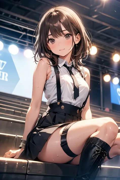 Brown Hair、Looking at the audience　　suspenders　　　bulging big breasts　　 　 　　　　Black mini skirt　garter belt　Knee-high socks　　　　　　sight　　　Small face　bangs 　　　　　beauty　　Show your hand　　 　sight 　Black boots 　Taunt　　Armpit sweat　One person 　　Put your hands behin...