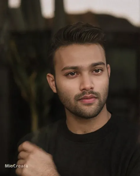 A beautiful young bearded man with highly detailed skin.black hair.happy emotion