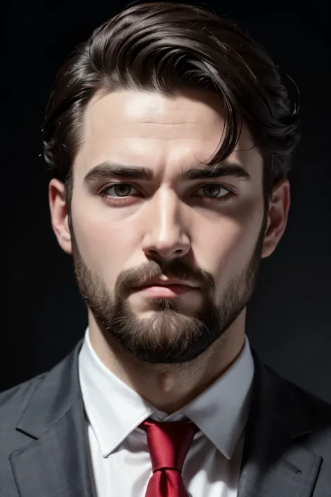 make a white man with red eyes with dark hair and a thin beard wearing a black suit with a red tie and looking seriously at the camera