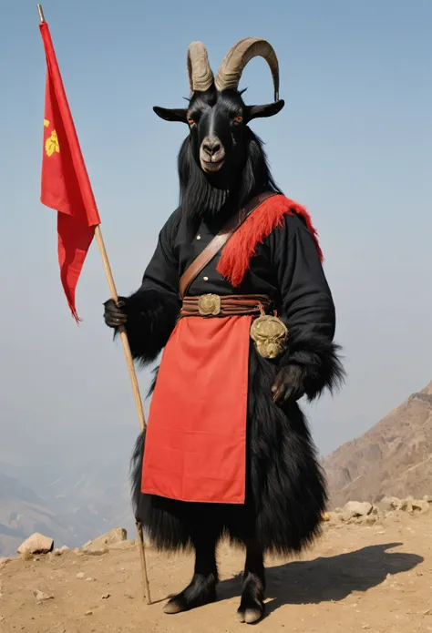 a man wearing a black goat head. goat face. black goat hair. he wears goat wool. the goat's body is black. a trousseau in the sh...