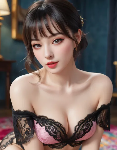 photorealistic Realism 16K Quality: ((Hyper details realistic black_eyes)), ((finely details pupils)), Perfect makeup, ((detailed symmetrical lips)), ((V-line jaw)), pink_lipstick, (Hyper detailed eyelashes), ((perfect dark_eyeshadows)), (Detailed nose:1.2...