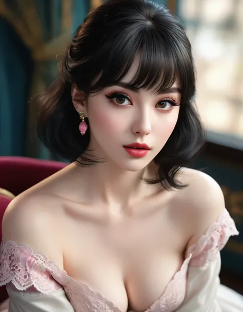 photorealistic Realism 16K Quality: (ultra absurd quality, extremely detailed detail, ultra resolution, clear sharp focus, not blurry, (Realistic black_eyes:1.3))), perfect dark_eyeshadows:1.2, super Detailed, beautiful little nose, ((V-line jaw)), pink_li...