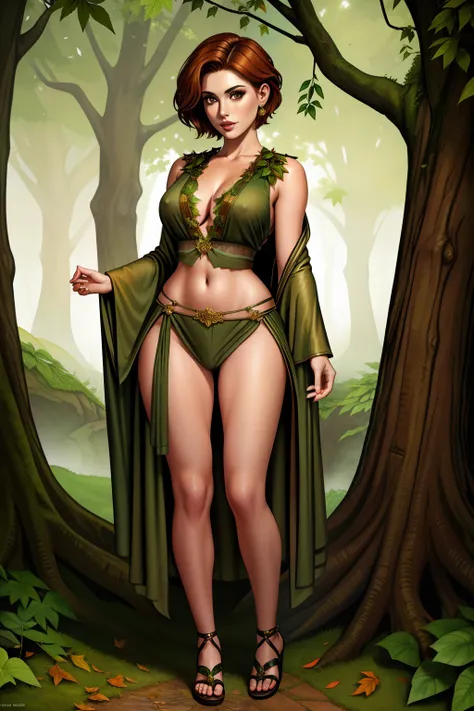 a  portrait of a babe temptress , druid, leaf robe, perfect face, pretty face, brown eyes, auburn hair, Hi-top fade, very short hair, flat chest, lush detail, absurdres, clothes made of leaves, full body shot