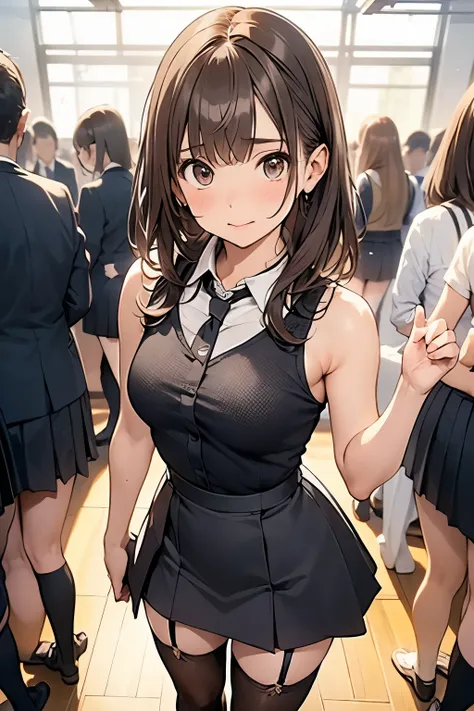 Brown Hair、Looking at the audience　　suspenders　　　bulging big breasts　　 　 　　　　Black mini skirt　garter belt　Knee-high socks　　　　　　sight　　　Small face　bangs 　　　　　beauty　　Show your hand　　 　sight 　Black boots 　Taunt　　Armpit sweat　One person 　　Put your hands behin...