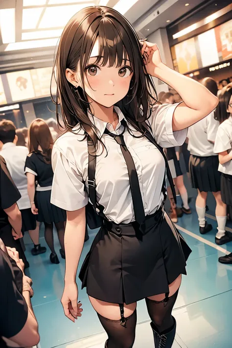 Brown Hair、Looking at the audience　　suspenders　　　bulging big breasts　　 　 　　　　Black mini skirt　garter belt　Knee-high socks　　　　　　sight　　　Small face　bangs 　　　　　beauty　　Show your hand　　 　sight 　Black boots 　Taunt　　Armpit sweat　One person 　　Put your hands behin...