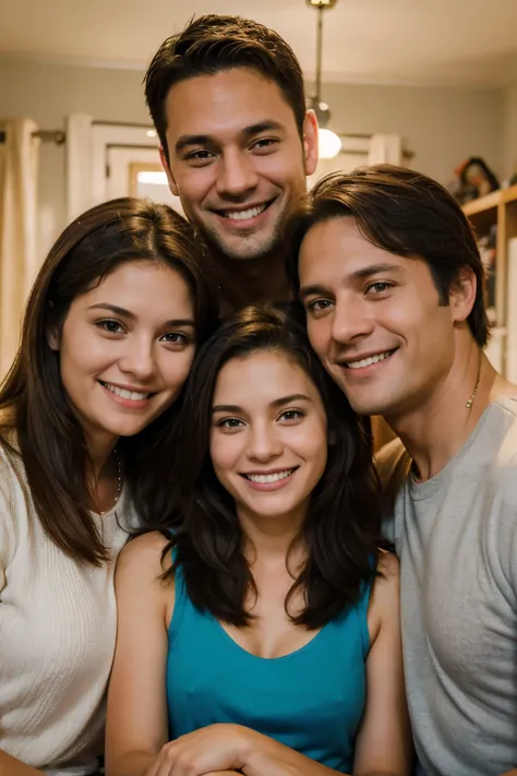 Family portrait, beautiful 37 years old wife and 44 years old handsome dad with a 20 yrs old teenage daughter, and 19 years old boy, happy, laughing, smiling