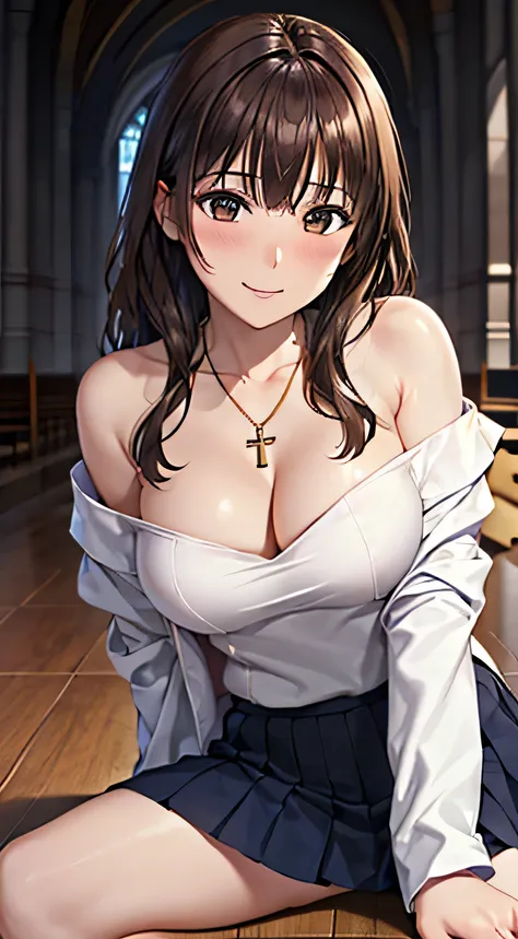 ((Tabletop, Highest quality, High resolution, , Pixel Perfect, 4K,))), 1 female, 、The whole body is visible、 ((Long Wavy Hair, bangs, Brown Hair)), ((Brown eyes, Beautiful eyelashes, Realistic eyes)), ((Detailed face, Blushing:1.2)), ((Smooth texture:0.75,...