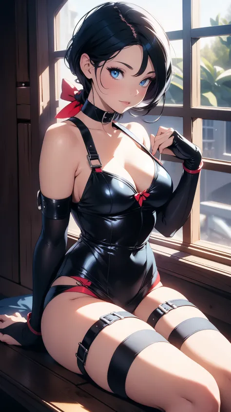 araffe snow white, snow white, modern disney style, cartoon style, red bow, blue eyes, short black hair, sitting on a window sill with a black bra and cuffs, wrapped in leather straps, leather cuffs around wrists, restrained, harnesses and garters, handcuf...