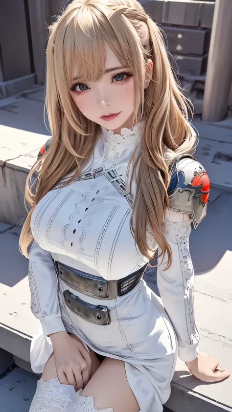 (dynamic porn pose),(leather boots,(asymmetrical mecha armor),(long embroidered white lace dress,see through,lift up the hem of the dress)),(random hairstyle),(Thin type:1.8),(large breasts),(Highest image quality,(8K), Ultra-realistic, Best Quality, High ...