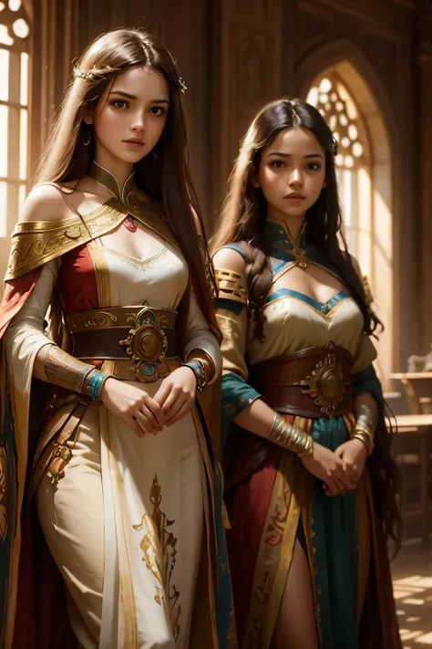 beautiful (warrior princesses), colorful and intricate hair with, two sisters 15 years old and 13 years old, sunlight, beautiful lighting, vibrant lighting, intricate, highly detailed, elegant, smooth, by Ruan Jia and Artgerm and Anton Fadeev,