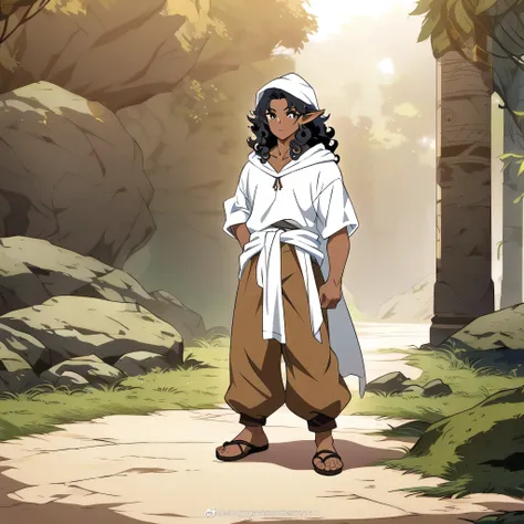 anime art style, dark elf, African skin, black hair, Curly hair, long hair, black eyes, ((man)), athletic body, Druid clothing (white hood, brown pants, white cloth on waist), full body