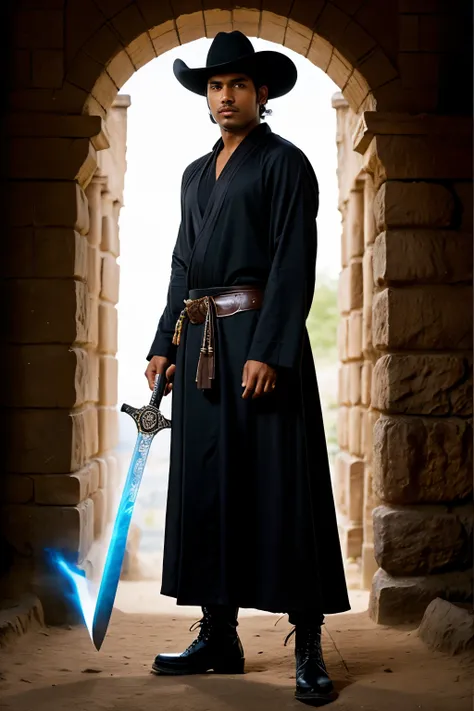 Brown man with brown eyes and black hair wearing a long black robe with a white bandana and black cowboy hat holding an ancient sleek katana with a blue aura around the blade on the left hand and also wearing  combat boots with the background as a dessert