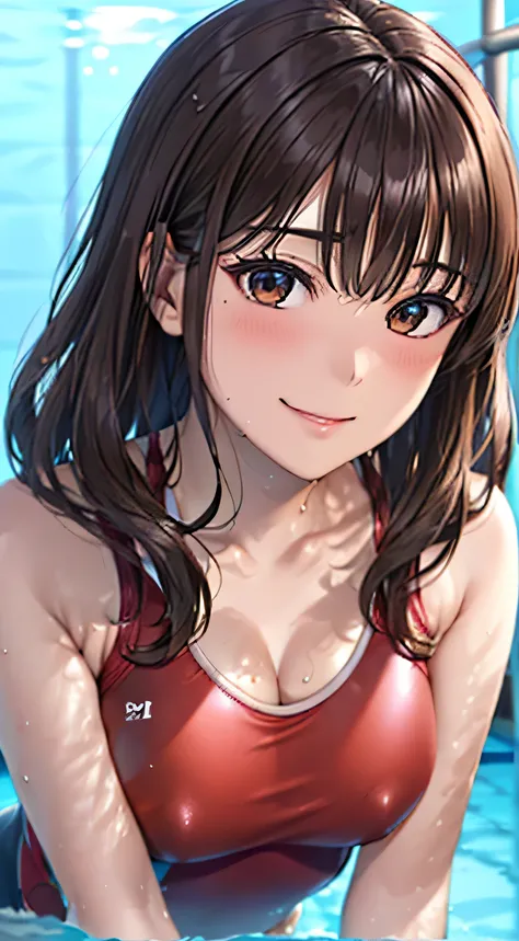 ((Tabletop, Highest quality, High resolution, , Pixel Perfect, 4K,))), 1 female, 、The whole body is visible、 ((Long Wavy Hair, bangs, Brown Hair)), ((Brown eyes, Beautiful eyelashes, Realistic eyes)), ((Detailed face, Blushing:1.2)), ((Smooth texture:0.75,...