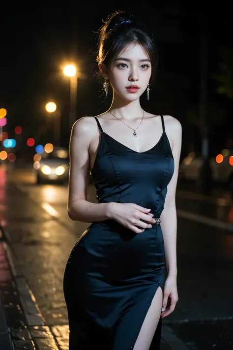 (Standing on a dark street),(road light),(Low light),(night),Random posture, (An extremely delicate and beautiful work), (masterpiece), One Girl, Girl in a black dress、Very detailed, Waist leak, The ponytail is crooked, charm expression, beautiful and clea...