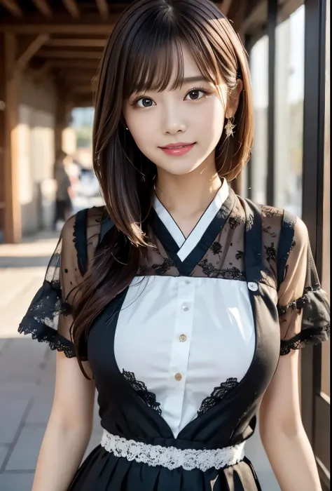 (masterpiece, best quality:1.1), (8k, raw photo, photo realistic:1.2, f22), (shiny skin),japanese,detailed skin,long hair,ribbon,detailed face, detailed eyes,smile,BREAK, real world, intricate details, smil, BREAK, 1girl, full body,(short sleeve,dress,lace...