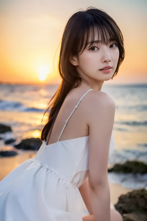 Create a high-quality, hyper-realistic portrait of a very beautiful Japanese idol. She is wearing a clean white summer dress and is squatting on the beach during sunset at sea. The deep indigo of the night sky contrasts with the last vestiges of crimson ne...