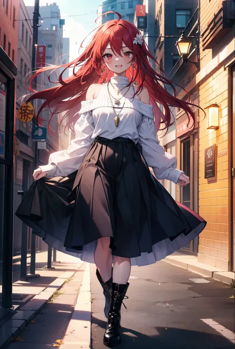 Shana,灼眼のShana,Long Hair, Red Hair, Red eyes,Ahoge,happy smile, smile, Open your mouth,Oversized off-the-shoulder sweater,Bare shoulders,bare clavicle,Bare neck,Locket Necklace,black long skirt,short boots,Daytime,sunny,Walking,whole bodyがイラストに入るように, break...