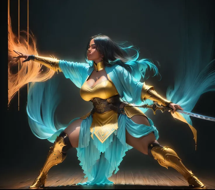 best quality,ultra-detailed,, woman with caramel skin tone, face resembles cardi b, very long two-tone teal and yellow hair, curvy figure, standing in a sword fighting stance kendo attack stance, pointing a sword, (best quality,4k,8k,highres,masterpiece:1....