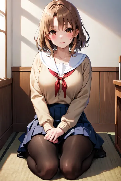 masterpiece, Highest quality, High resolution, One girl, alone, short hair, Brown Hair, Brown eyes, Bedroom、((pantyhose))、(Japanese school uniform)、(Knitted outerwear)