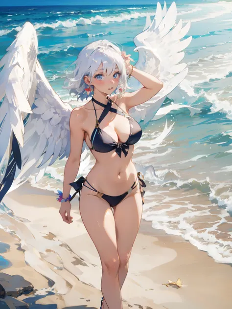 Arabian woman in bikini with wings on the beach, Angel&#39;s wing on her back, beautiful Angel&#39;s wing, Beautiful woman angel, 、Carol in the back, Beautiful cyborg angel girl, Angel&#39;s wingを持つ少女, Beautiful angel, 巨大なAngel&#39;s wing, 壮大なAngel&#39;s w...